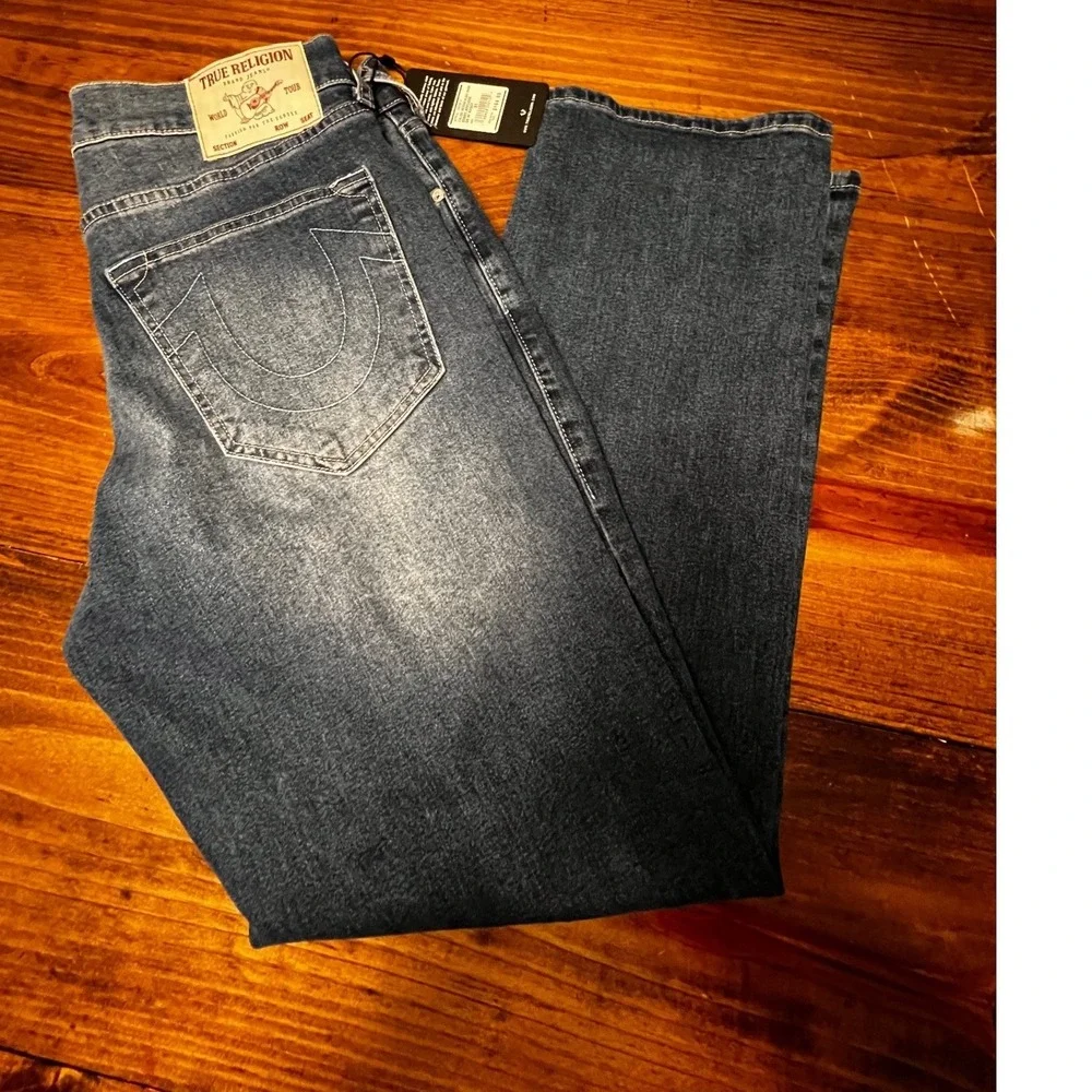 True Religion Bobby Applique Jeans Mens‎ 32W 32L Medium Blaze Wash TR Logo NWT
